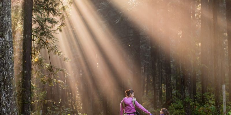 An adult and child on a woodland walk sharing why something is important to them.
